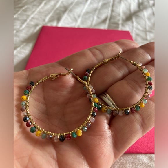 Ladies hoop earrings, gold with colorful shiny beads all around the hoops. - Picture 8 of 11